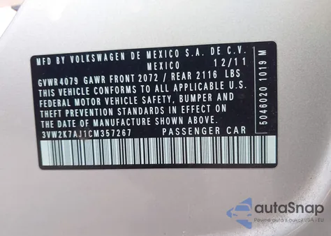 2012 Volkswagen Jetta 2.0L S из США, поврежденный, VIN 3VW2K7AJ1CM357267